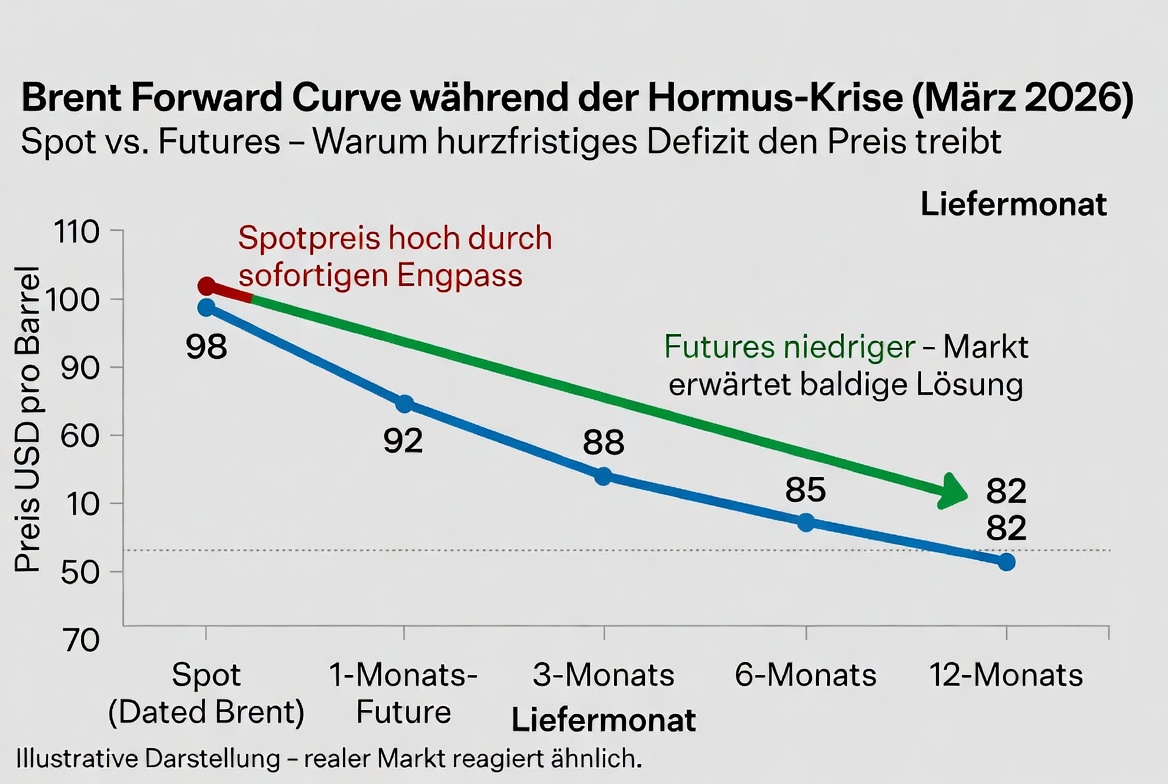 Brent Forward Curve während der Hormus-Krise (März 2026): Spotpreis bei 102 USD fällt über die Future-Kurve auf 82 USD beim 12-Monats-Kontrakt
