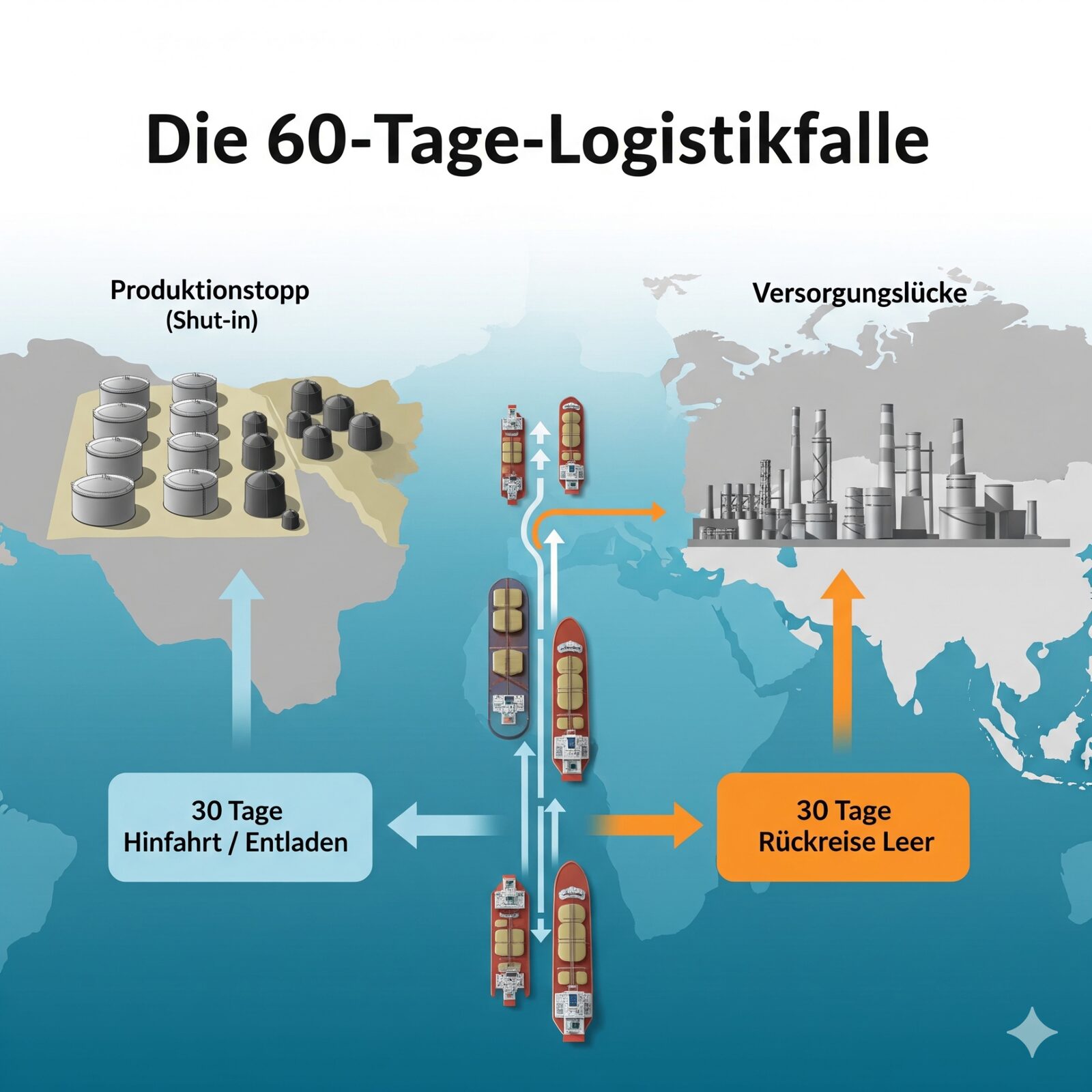Infografik: Die 60-Tage-Logistikfalle – Produktionsstopp, 30 Tage Hinfahrt, 30 Tage Rückreise, Versorgungslücke