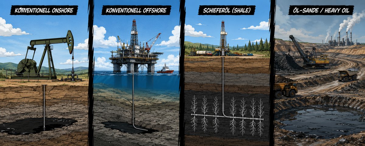 Die vier Förderarten im Vergleich: Konventionell Onshore (Pumpjack), Konventionell Offshore (Ölplattform), Schieferöl / Shale (Fracking), Öl-Sande / Heavy Oil (Tagebau)