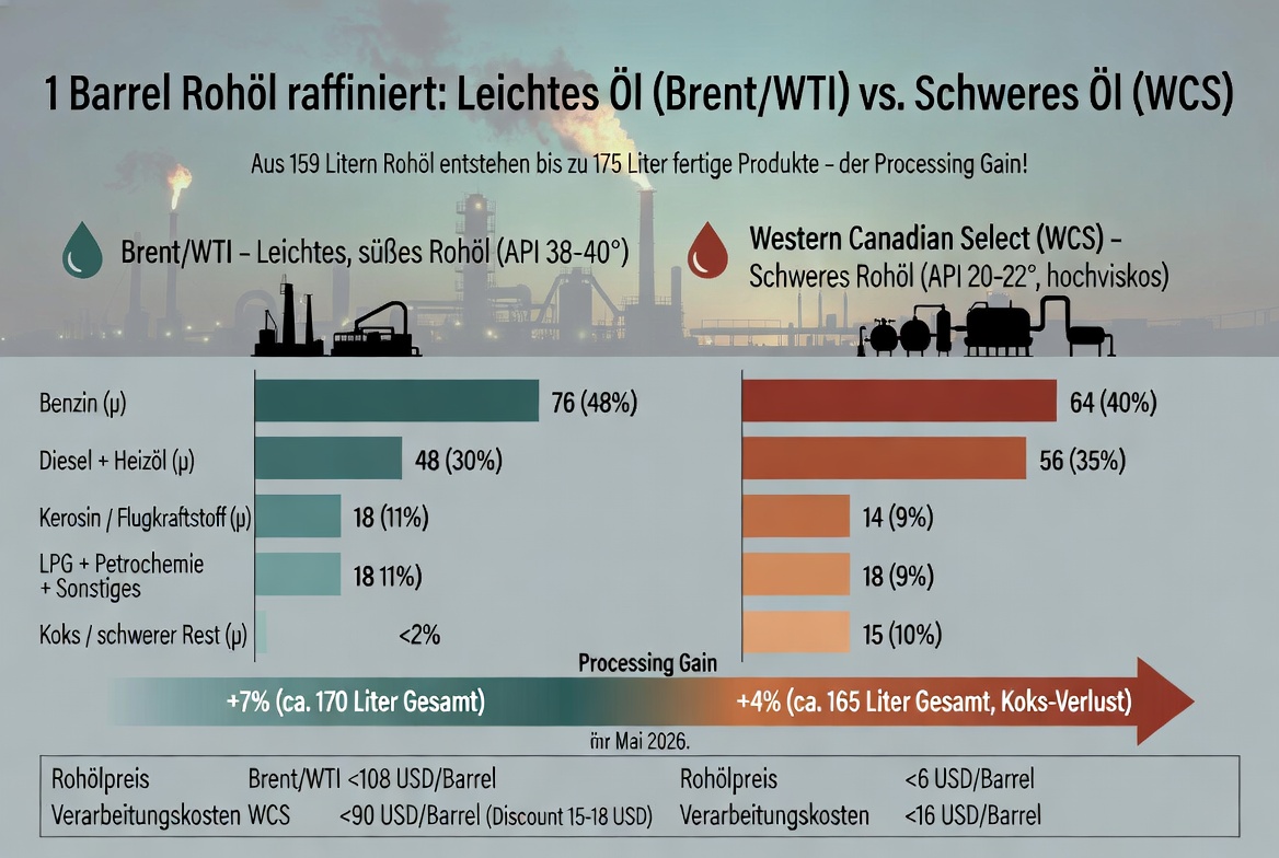1 Barrel Rohöl raffiniert: Leichtes Öl (Brent/WTI) vs. Schweres Öl (WCS) — Vergleich der Endprodukte und Processing Gain