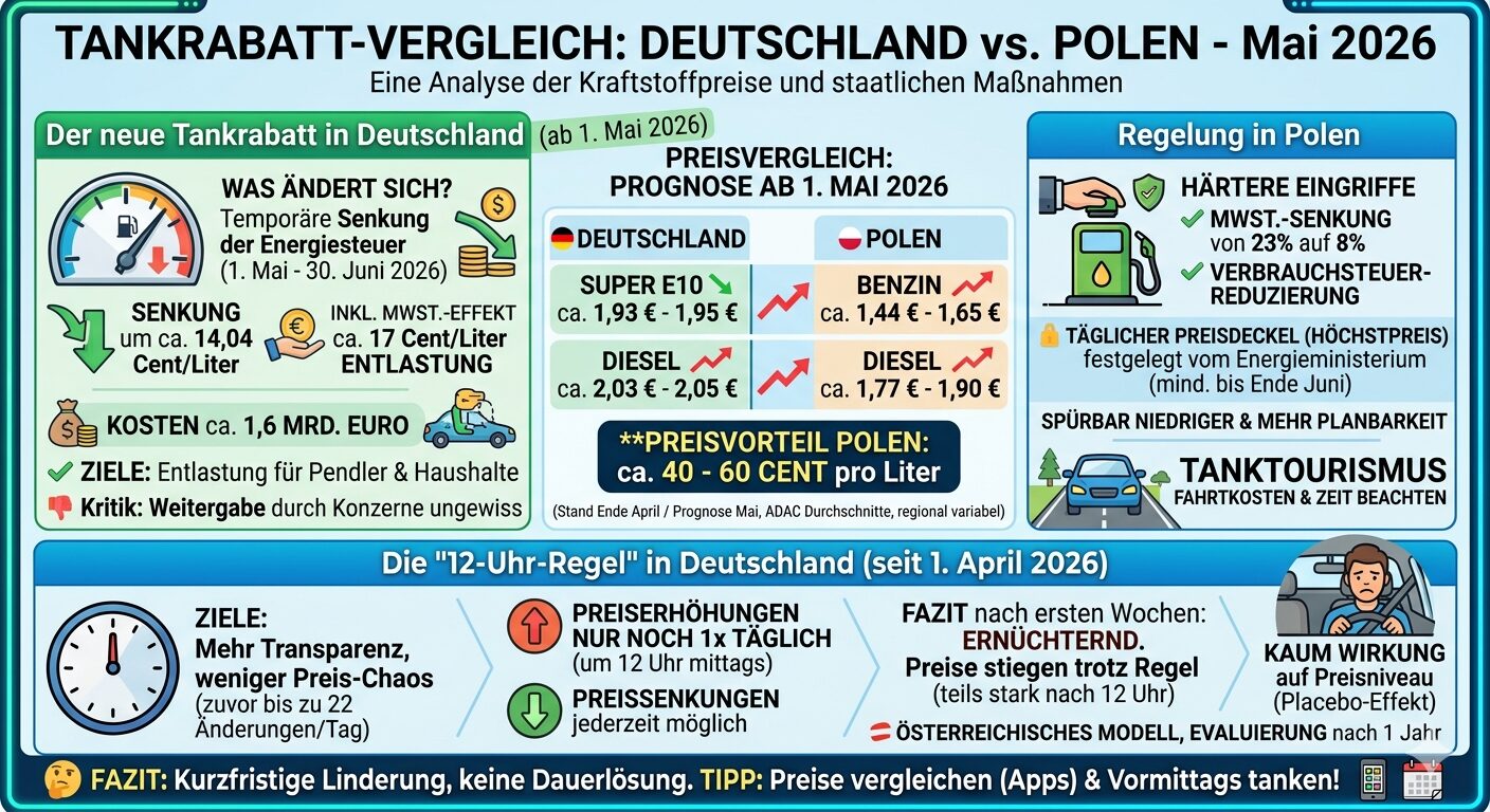 Infografik: Tankrabatt-Vergleich Deutschland vs. Polen, Mai 2026 — Energiesteuer-Senkung in Deutschland (14,04 Cent/Liter, ca. 17 Cent inkl. MwSt.), polnische Kombination aus MwSt.-Reduktion auf 8 % und Verbrauchsteuer-Senkung mit täglichem Preisdeckel, sowie Bilanz der 12-Uhr-Regel.